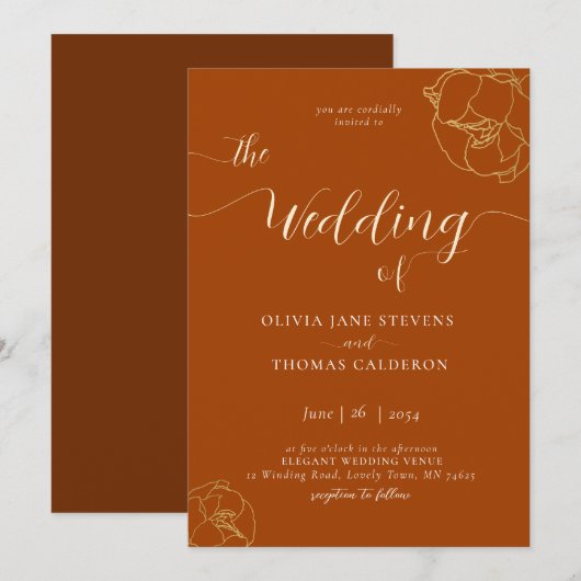 Invitation Élégant moderne classique rouille Brown Floral Mar (Devant / Derrière)