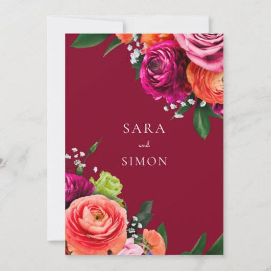 Invitation élégant moderne code QR floral bordeaux mariage (Dos)