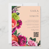 Invitation élégant moderne code QR mariage de pêche floral (Devant)