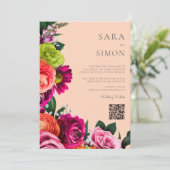 Invitation élégant moderne code QR mariage de pêche floral (Debout devant)