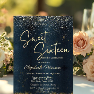 Invitation Élégant Moderne Confettis Bleu Foncé Sweet 16