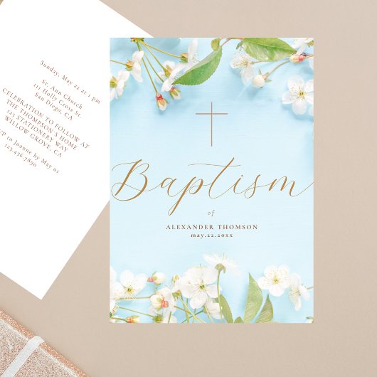 Invitation Élégant Moderne Croix Florale Bleue Baptême Script