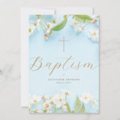 Invitation Élégant Moderne Croix Florale Bleue Baptême Script (Devant)