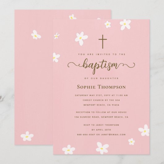 Invitation Élégant moderne Croix rose marguerite Baptême reli (Devant / Derrière)