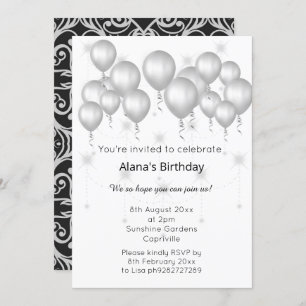 Invitation ÉLÉGANT MODERNE DAMASK ARGENT BALLON Étincelle