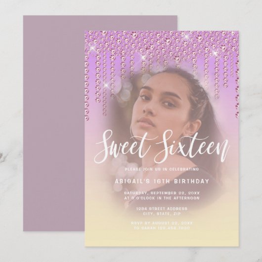 Invitation Élégant moderne diamant violet gouttes sweet sixte (Devant / Derrière)