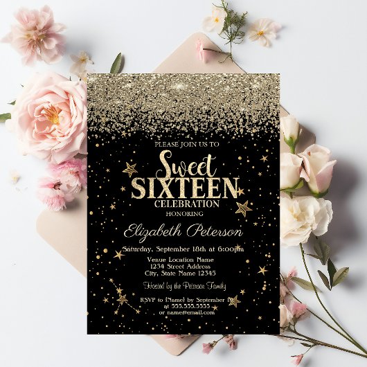 Invitation Élégant Moderne Diamants Or Etoiles Black Sweet 16