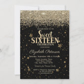 Invitation Élégant Moderne Diamants Or Etoiles Black Sweet 16 (Devant)