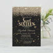 Invitation Élégant Moderne Diamants Or Etoiles Black Sweet 16 (Debout devant)