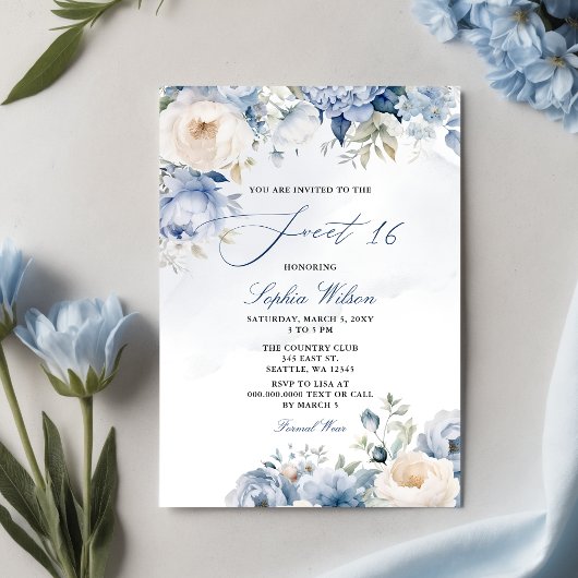 Invitation Élégant Moderne Dusty Bleu Floral Sweet 16