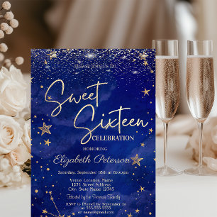 Invitation Élégant Moderne Étoiles Dorées Bleu Sweet 16