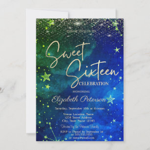 Invitation Élégant Moderne Étoiles Dorées Bleu Vert Sweet 16