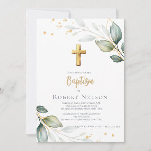 Invitation Élégant Moderne Eucalyptus Or Baptême Christening