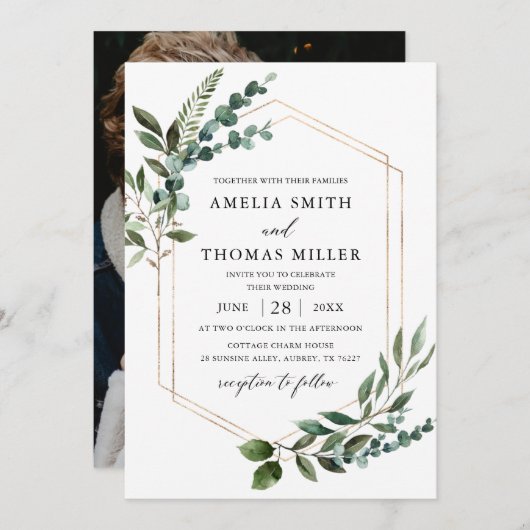 Invitation Elégant moderne Eucalyptus Verdure Mariage Or (Devant / Derrière)