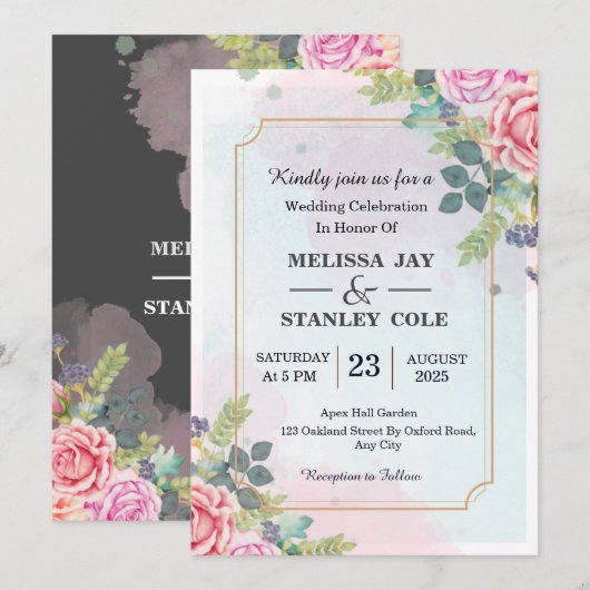 Invitation Elégant Moderne Floral verdure Mariage aquarelle (Devant / Derrière)
