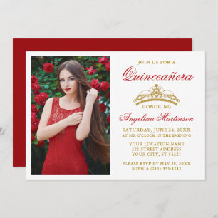 Invitation Elégant moderne Gold Crown Photo Red Quinceanera