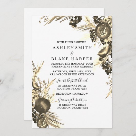 Invitation Elégant Moderne Gold Floral Fern Mariage Invitatio (Devant / Derrière)