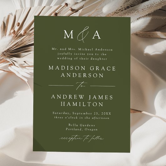 Invitation Élégant Moderne Mariage Monogramme Vert Olive