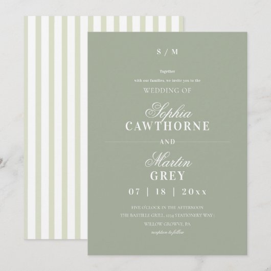 Invitation Élégant Moderne⎮Mariage Vert Sauge (Devant / Derrière)