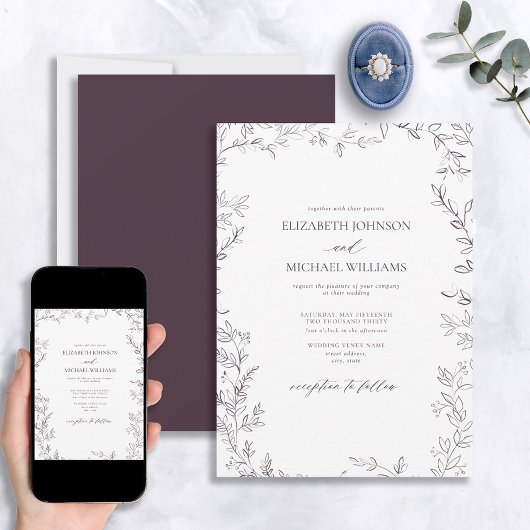 Invitation Élégant Moderne Minimale Feuille Plum Purple Maria