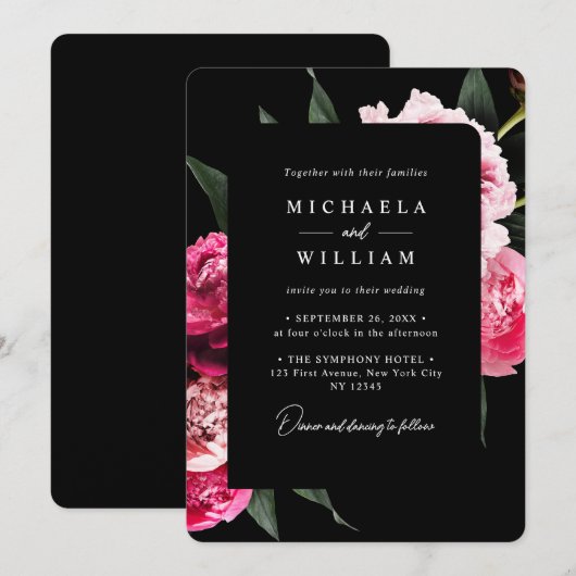 Invitation Elégant moderne noir luxe Mariage Floral (Devant / Derrière)