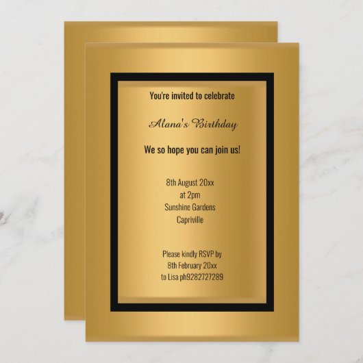 INVITATION ÉLÉGANT MODERNE NOIR OR MÉTALLIQUE TOUTE OCASSION (Devant / Derrière)