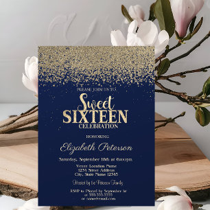 Invitation Élégant Moderne Or Diamants Bleu Marine Sweet 16