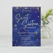 Invitation Élégant Moderne Or Étoiles Bleu Sweet 16 (Debout devant)