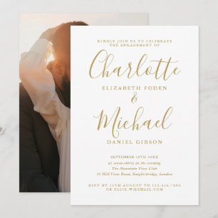 Invitation Élégant Moderne Or Script Photo Fête de Fiançaille