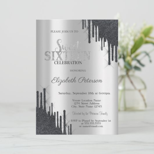 Invitation Élégant moderne Parties scintillant noire Drips Sw (Debout devant)