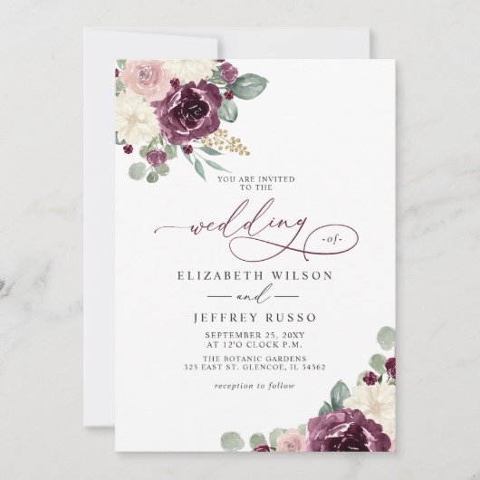 Invitation Élégant moderne Plum or Botanique Mariage floral (Devant)