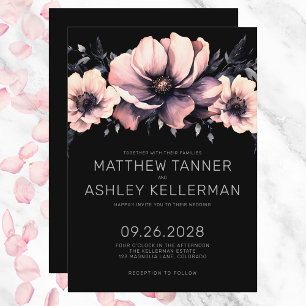 Invitation Élégant Moderne Rose Pâle Noir Floral Mariage
