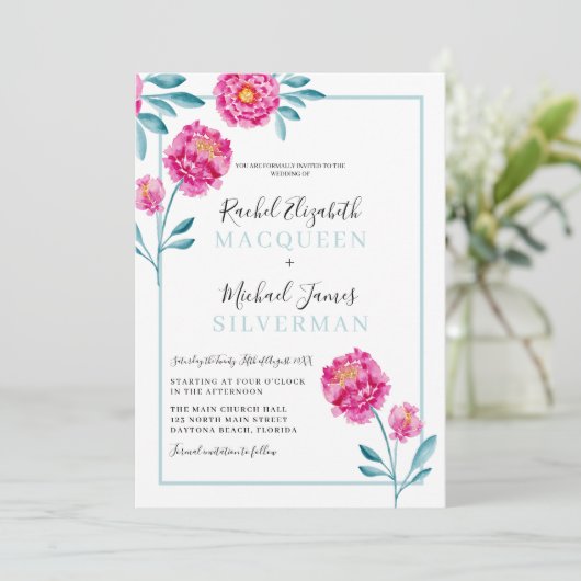 Invitation Élégant Moderne Rose Turquoise Bordure Florale Mar (Debout devant)