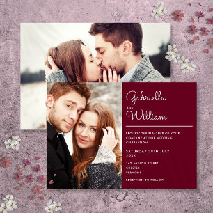Invitation Élégant Moderne Script Bordeaux 2 Photo Mariage