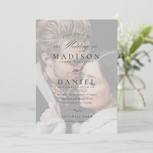 Invitation Élégant moderne Script Mariage de superposition ph (Debout devant)