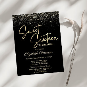 Invitation Elégant Moderne Simple Confettis Noir Sweet 16