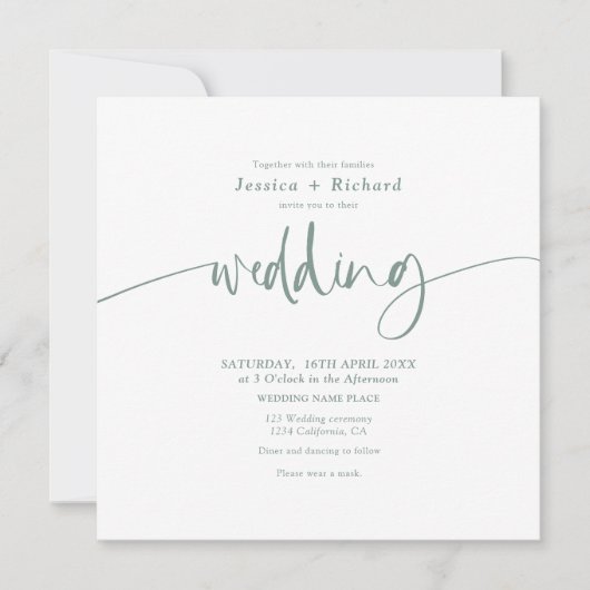 Invitation Élégant moderne simple sauge vert mariage script (Devant)