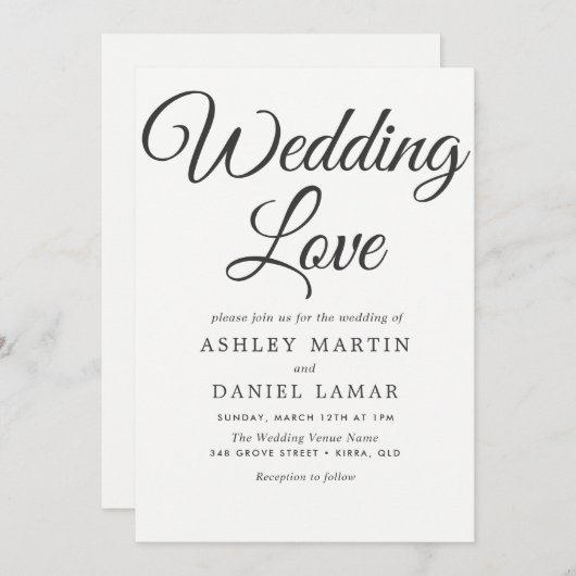 Invitation Élégant moderne Simple Script noir Mariage blanc (Devant / Derrière)