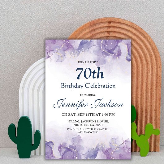 Invitation Elégant moderne violet & or floral 70e anniversair