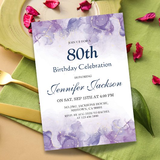 Invitation Elégant moderne violet & or floral 80e anniversair