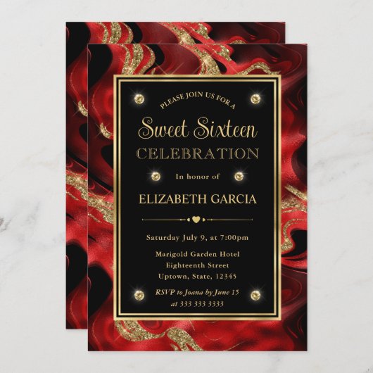 Invitation Elégant Molten Rouge et Parties scintillant or Dou (Devant / Derrière)