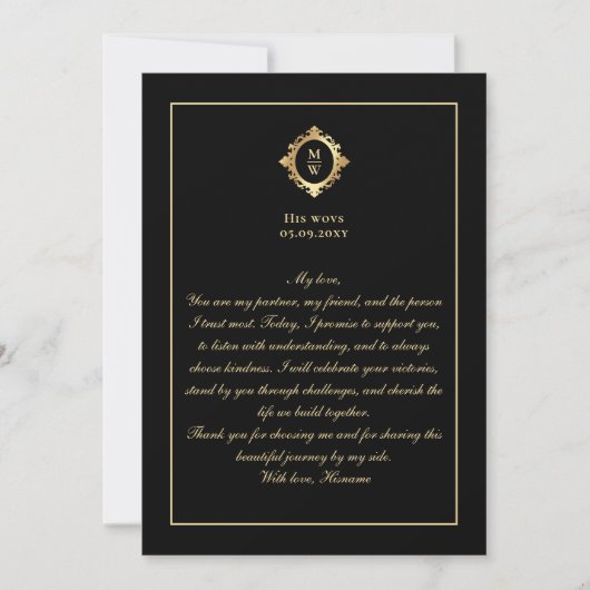 Invitation Elegant Monogram Black Gold Wedding Vow Card (Devant)