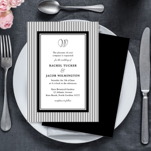 Invitation Elegant Monogram Black & White Striped Wedding