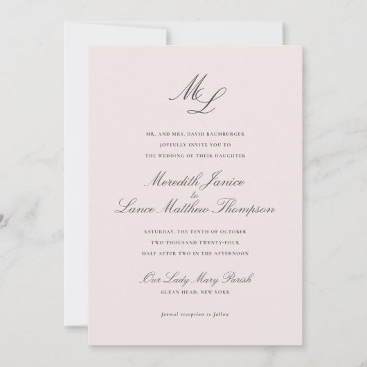 Invitation Élégant Monogram Blush Floral Script Mariage (Devant)