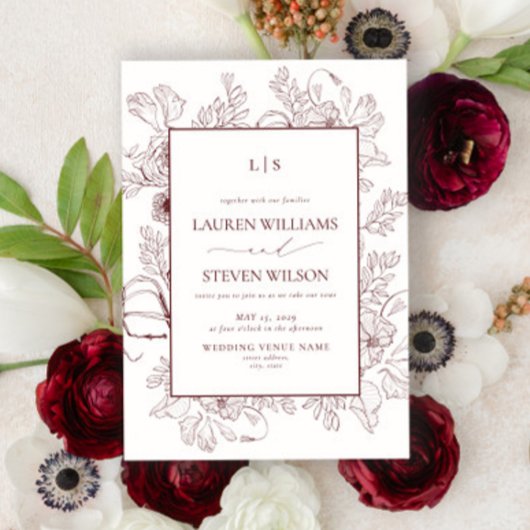Invitation Élégant Monogram Bourgogne Floral Line Mariage
