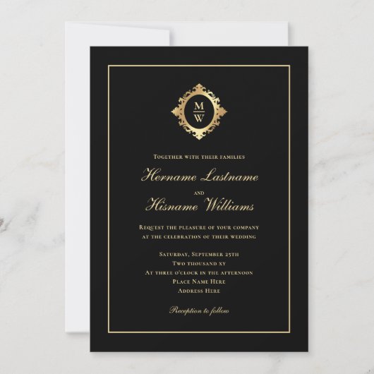 Invitation Élégant Monogram Classy Black Gold QR Code Mariage (Devant)