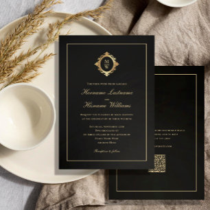 Invitation Élégant Monogram Classy Black Gold QR Code Mariage