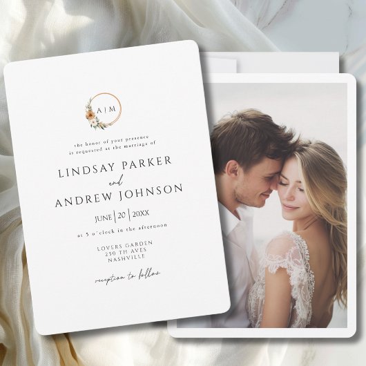 Invitation Elegant Monogram Copper Earthy Botanical Photo