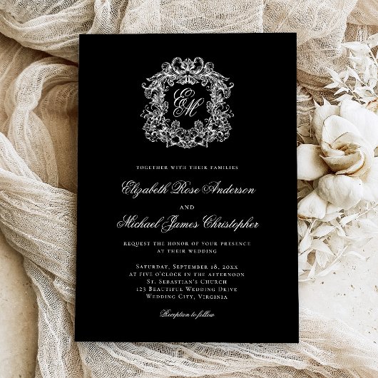 Invitation Elegant Monogram Crest Black Wedding