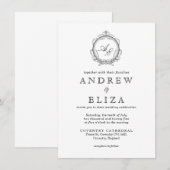 Invitation Élégant Monogram Crest Mariage noir et blanc (Devant / Derrière)